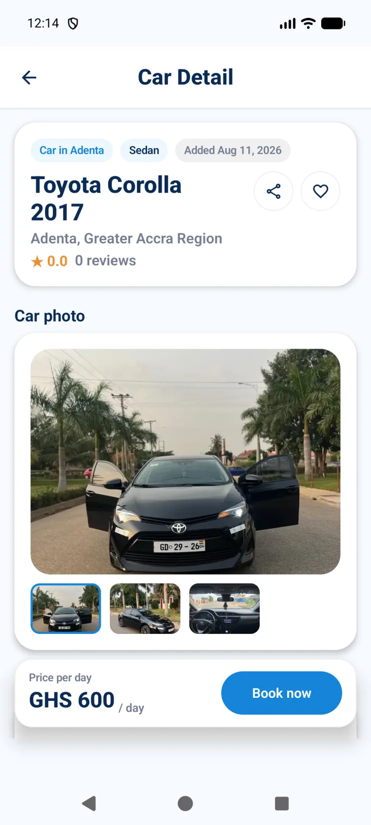 Hayame Android car detail and booking screen