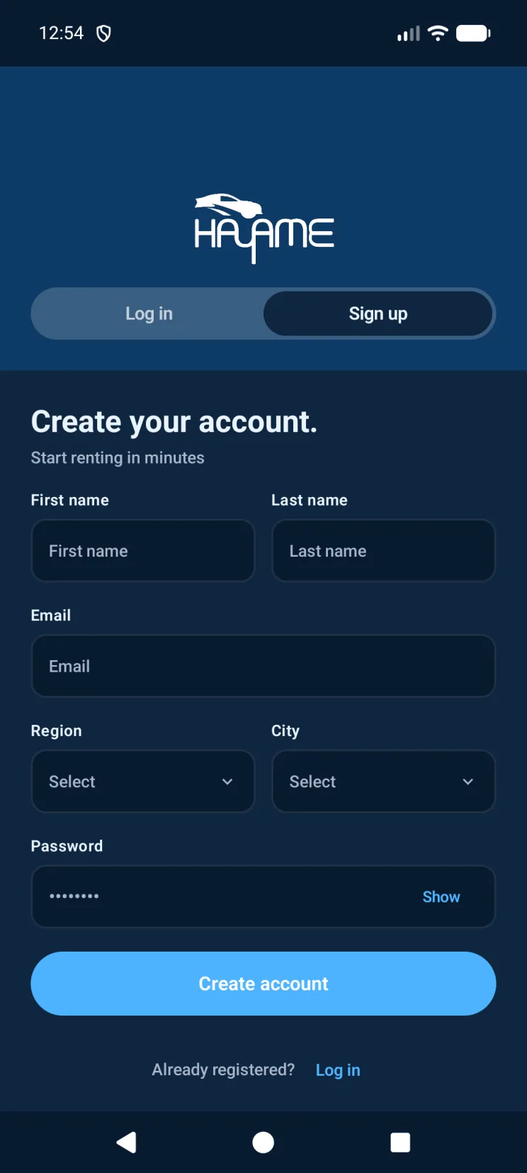 Hayame Android account creation screen